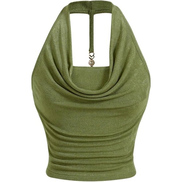 Tops - Women Ruched Halter Crop Top Backless Sleeveless Cowl Neck Medium
